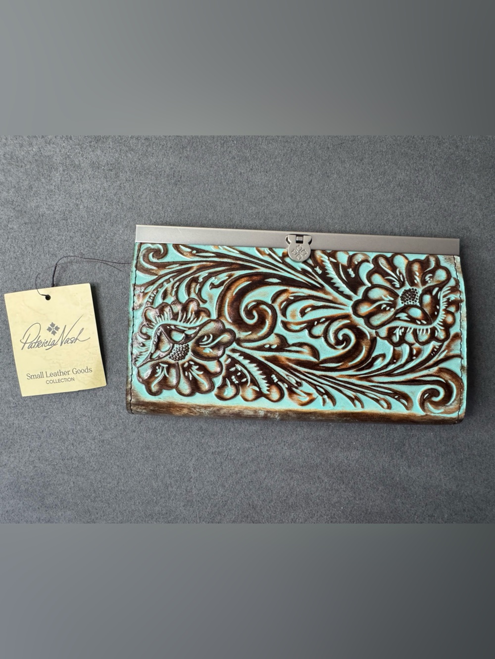 Patricia Nash Tooled Cauchy Turquoise Leather RFID Wallet Frame Clutch NWT